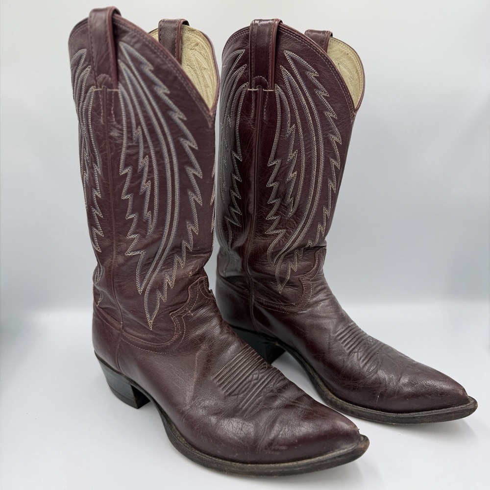 VTG Justin Burgundy Leather Cowboy Boots Western Ranch Rodeo USA Men 8.5 D